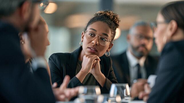 Photorealistic diverse employee responding thoughtfully after hearing a subtle inappropriate remark during a meeting, colleague recognizing discomfort and manager facilitating