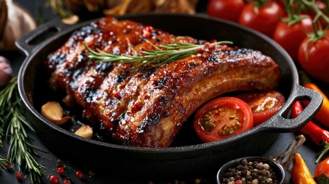 Glazed meat ribs with fresh ingredients in cast iron pan
