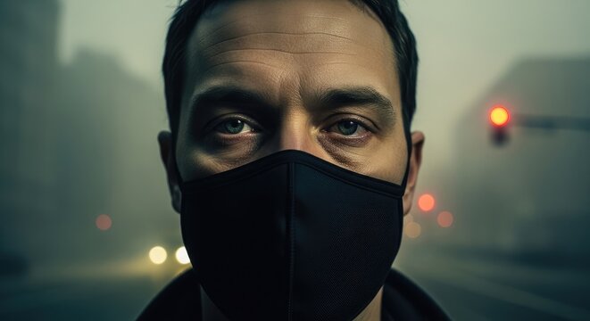 Man wearing mask in foggy street, looking at the viewer. Blurred background includes traffic lights