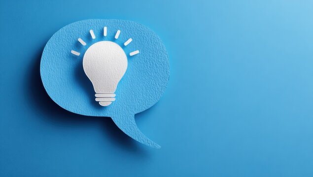 Conceptual blue paper speech bubble with white lightbulb icon on blue background innovation creativity thinking communication business strategy solution inspiration marketing