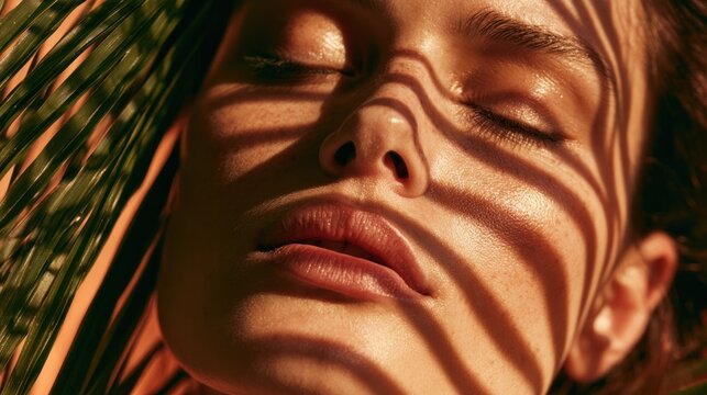 Close up of womans face with palm leaf shadows