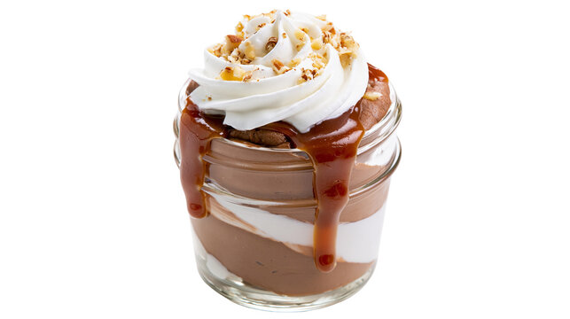 Decadent chocolate mousse parfait with whipped cream and caramel drizzle, isolated on transparent background