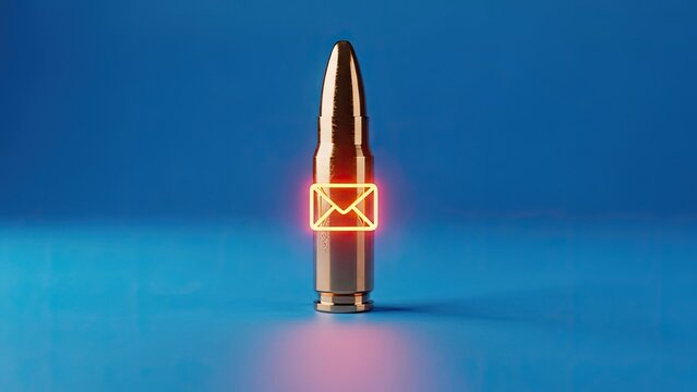 Metallic bullet with a glowing email icon, centered on a blue background