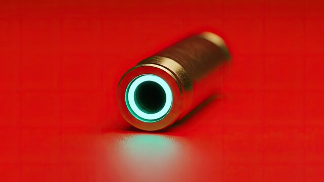 Metallic cylinder with a glowing inner circle, isolated on a bright red surface