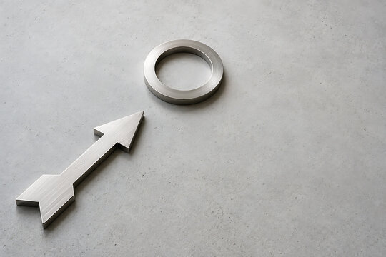 Metal washer and steel arrow symbol on concrete texture background with concrete hardware industrial fastener minimalist engineering construction mechanics direction material geometric