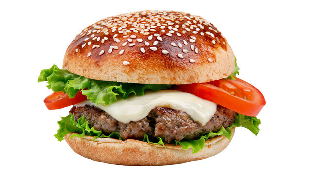 Juicy beef burger with melted cheese fresh lettuce and tomato slices, isolated on transparent background