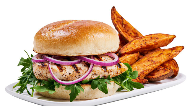 Grilled chicken burger with red onion and arugula served with sweet potato fries, isolated on transparent background