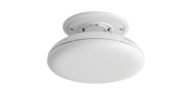 Modern white smoke detector on white background, ceiling mounted fire alarm sensor, smart home safety device for domestic and commercial protection