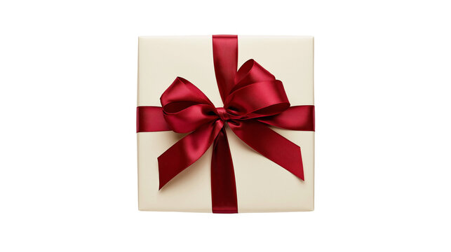 Cream gift box with red satin ribbon and bow, isolated on transparent background