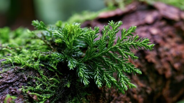 Green fern plant growing on mossy tree bark texture