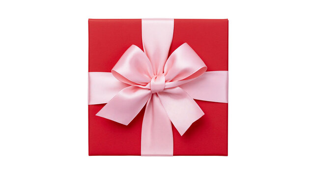 Red square gift box with pink satin ribbon and bow, isolated on transparent background