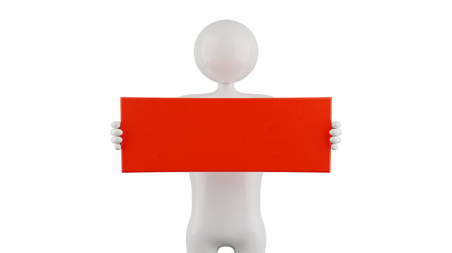 White 3D figure holding a red rectangular sign, isolated on transparent background