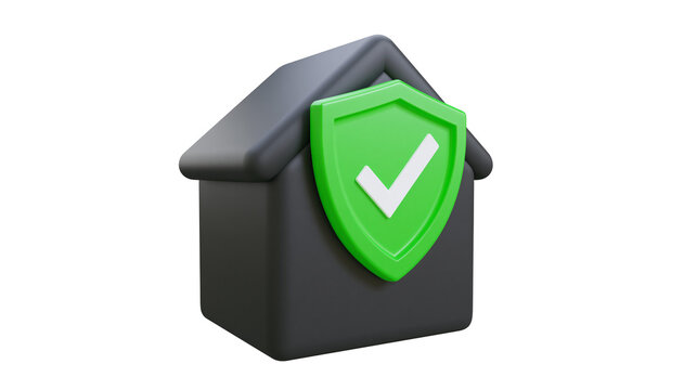 Dark grey house with green shield and white checkmark, isolated on transparent background