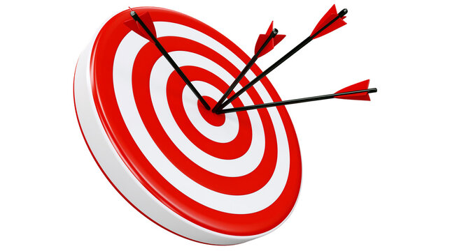 Red and white circular target board with multiple arrows stuck in the center, isolated on transparent background