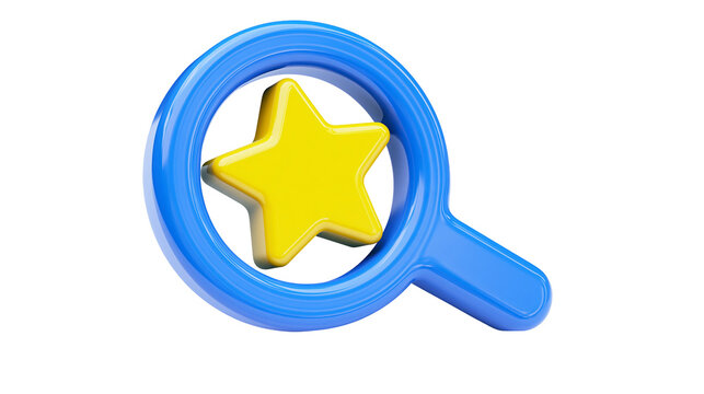 Blue magnifying glass examining a yellow star, isolated on transparent background