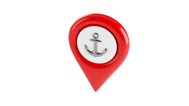 Red location pin with silver anchor symbol, isolated on transparent background