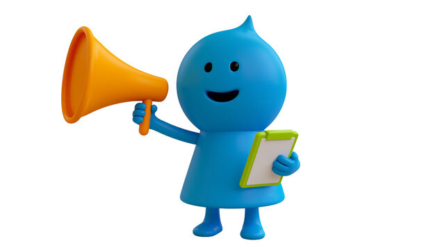 Blue cartoon character holding an orange megaphone and a clipboard, isolated on transparent background