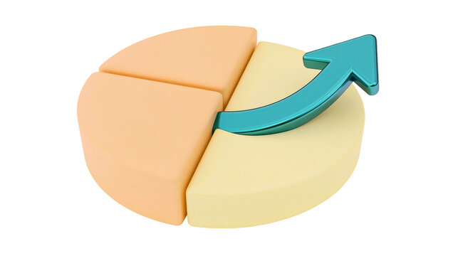 3D pie chart with teal arrow indicating growth, isolated on transparent background