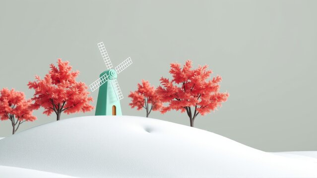Minimalist landscape. Windmill sits atop snowy hill, surrounded by red trees. Soft lighting, simple forms create serene scene.