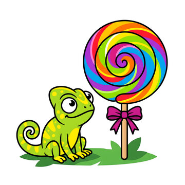 green chameleon sitting next to giant rainbow spiral swirl lollipop candy cartoon clipart