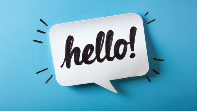 White paper speech bubble with black text hello and hand drawn dash marks representing sound or emphasis on a blue background greeting communication emphasis textured dialogue creative