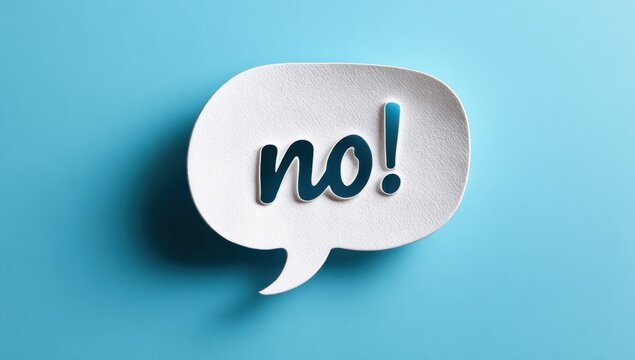White speech bubble containing the word no in bold black letters on a blue backdrop with negation communication background disagreement exclamation punctuation contrast isolated