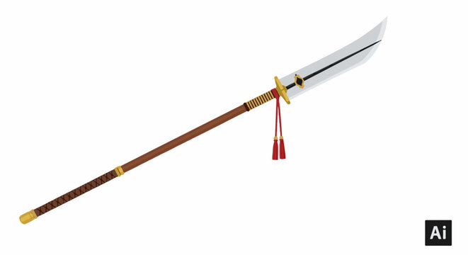 Japanese naginata polearm with gold accents and red tassels