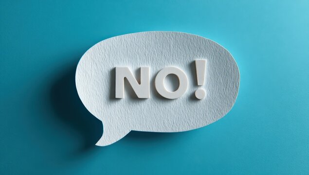 White paper speech bubble with the text no standing on a bright blue textured background negative communication dialogue conversation background minimalist decision rejection