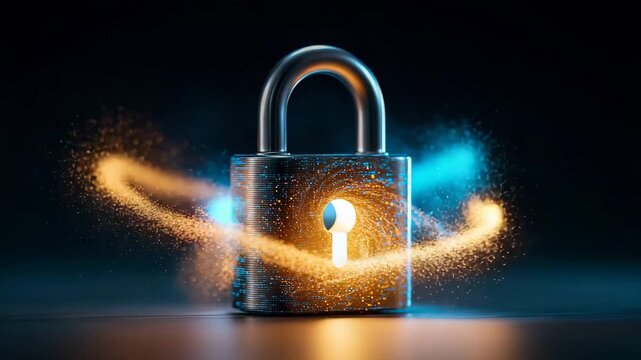 Glowing Padlock Formed from Swirling Cyber Data Particles