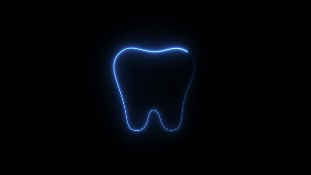 Glowing blue neon outline of a tooth on a black background, symbolizing dental care and oral hygiene.
