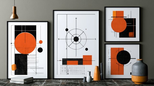 Geometric abstract art display orange black white