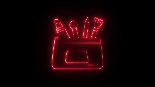 Glowing Red Neon Makeup Bag Icon with Cosmetic Essentials Line Art Illustration on Black Background