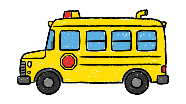 Sketch style yellow school bus vector art with red stop sign and roof warning lights