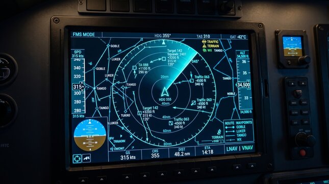 Commercial Aircraft Cockpit Navigation Display showing FMS Radar Map Route Waypoints and Traffic