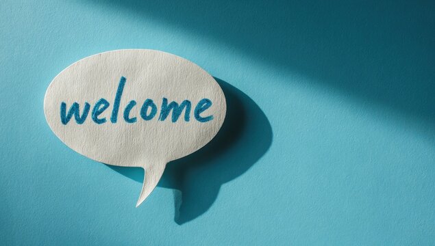 Creative welcome speech bubble on a blue textured background with background greeting communication dialogue conversation minimalist customer hospitality invitation friendly
