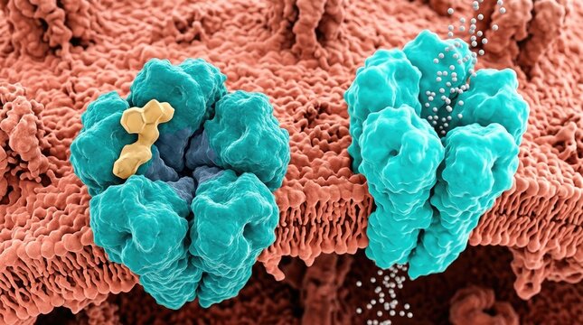 Cholinergic acetylcholine receptor protein channel embedded on synaptic lipid bilayer, nicotine molecule binding to active pocket, demonstrating cellular nachr hijacking mechanism.