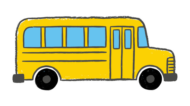 Yellow school bus illustration with blue windows and tires isolated on white background art