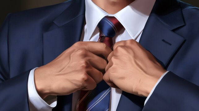 Businessman adjusting necktie for professional appearance