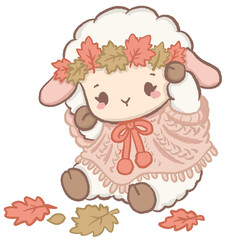 Fototapeta premium Cute Kawaii Chibi Lamb Wearing a Cozy Autumn Leaf Crown in a Knitted Sweater Fall Clipart Illustration