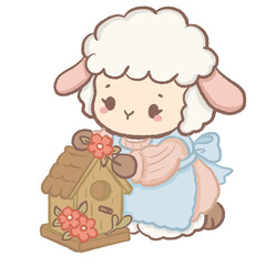 Fototapeta premium Cute Kawaii Chibi Lamb Decorating a Rustic Birdhouse with Flowers Cottagecore Clipart Illustration