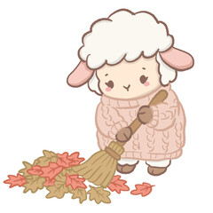 Fototapeta premium Cute Kawaii Chibi Lamb Sweeping Colorful Autumn Leaves with a Rustic Broom Cozy Fall Clipart Illustration