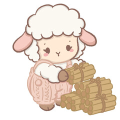 Fototapeta premium Cute Kawaii Chibi Lamb Carrying Bundles of Firewood in a Cozy Knitted Sweater Autumn Clipart Illustration