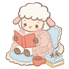 Fototapeta premium Cute Kawaii Chibi Lamb Reading a Cozy Book Wrapped in a Pink Knit Sweater Autumn Cottagecore Clipart Illustration