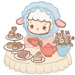 Fototapeta premium Cute Kawaii Chibi Lamb Enjoying an Afternoon Tea Party with Cakes Flowers and a Cozy Bonnet Clipart Illustration