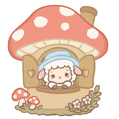 Fototapeta premium Cute Kawaii Chibi Lamb Peeking Out of a Giant Mushroom Cottage Window Cottagecore Clipart Illustration