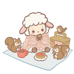 Fototapeta premium Cute Kawaii Chibi Lamb Having a Cozy Picnic with Friendly Squirrels and Warm Tea Autumn Clipart Illustration