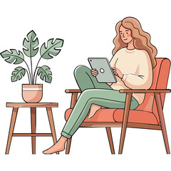Fototapeta premium Woman sitting in armchair using digital tablet near houseplant illustration