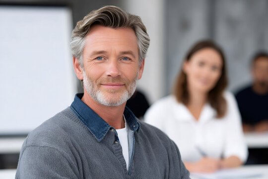Confident mature man smiling in business seminar
