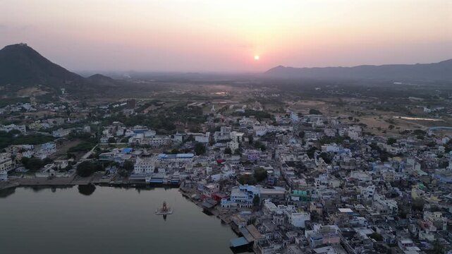 Aerial Sunset View of Pushkar Lake and Town in Rajasthan, India