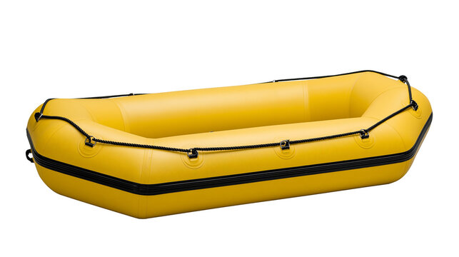 Bright yellow inflatable raft with black rope accents, isolated on transparent background